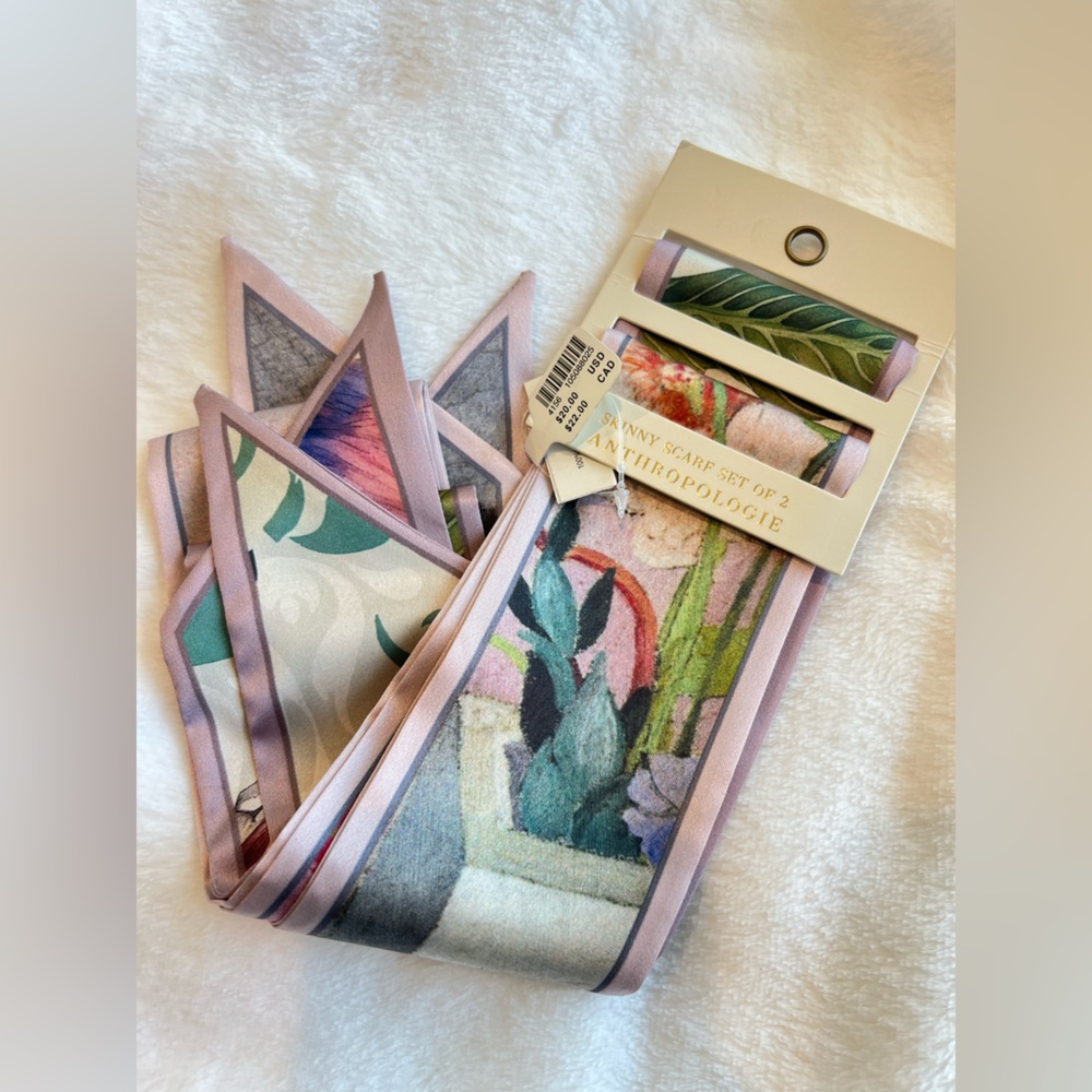 🌺Anthropologie Silky Skinny Hair Scarves NEW Pink Fig Floral Set of 2 - Picture 3 of 9